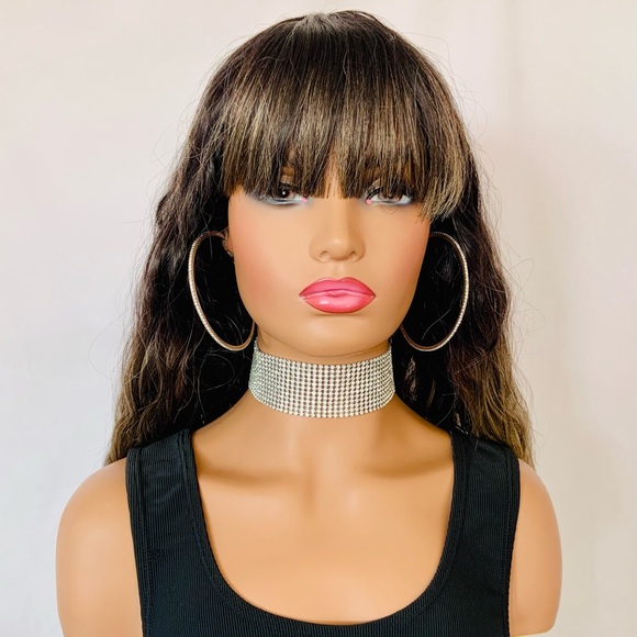 Effortless Style 22” Ombre Golden Brown/Black Synthetic Wig with Bangs - Picture 8 of 10